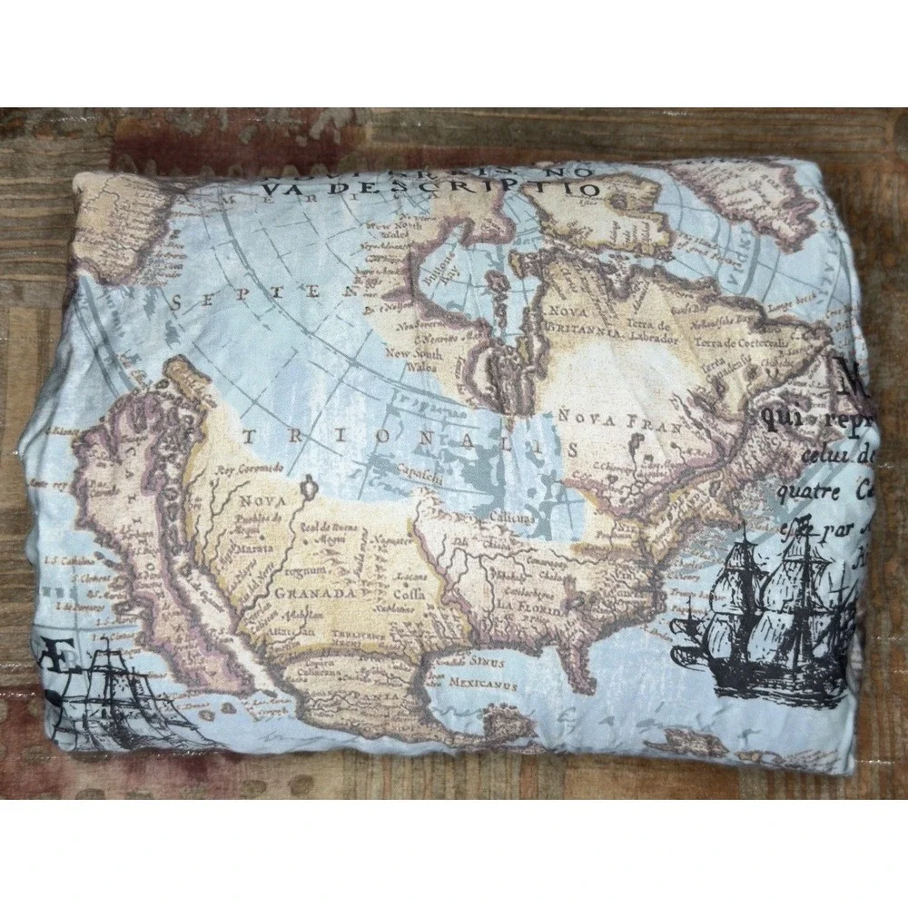 Cuddledown Sheet Fitted FULL Antique Cartographic World Map Sailing Ship Bamboo